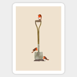 Three little robins on a garden spade Sticker